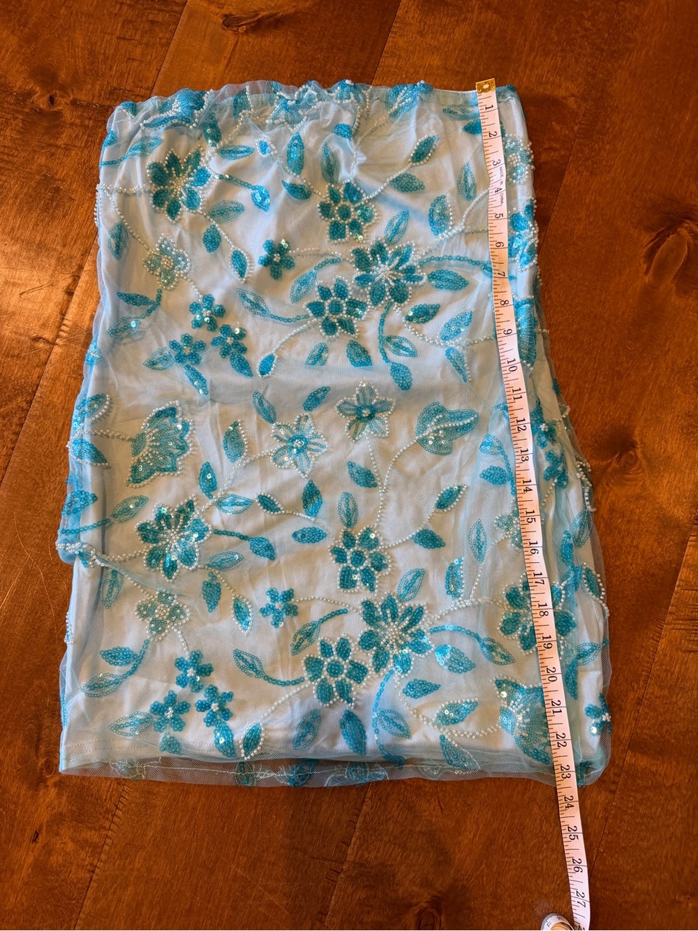 Blue Embroidered Floral Mesh Skirt
